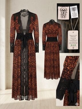 HAH Leopard-Print Lace-Trim Maxi Coat/Robe in Brown & Black